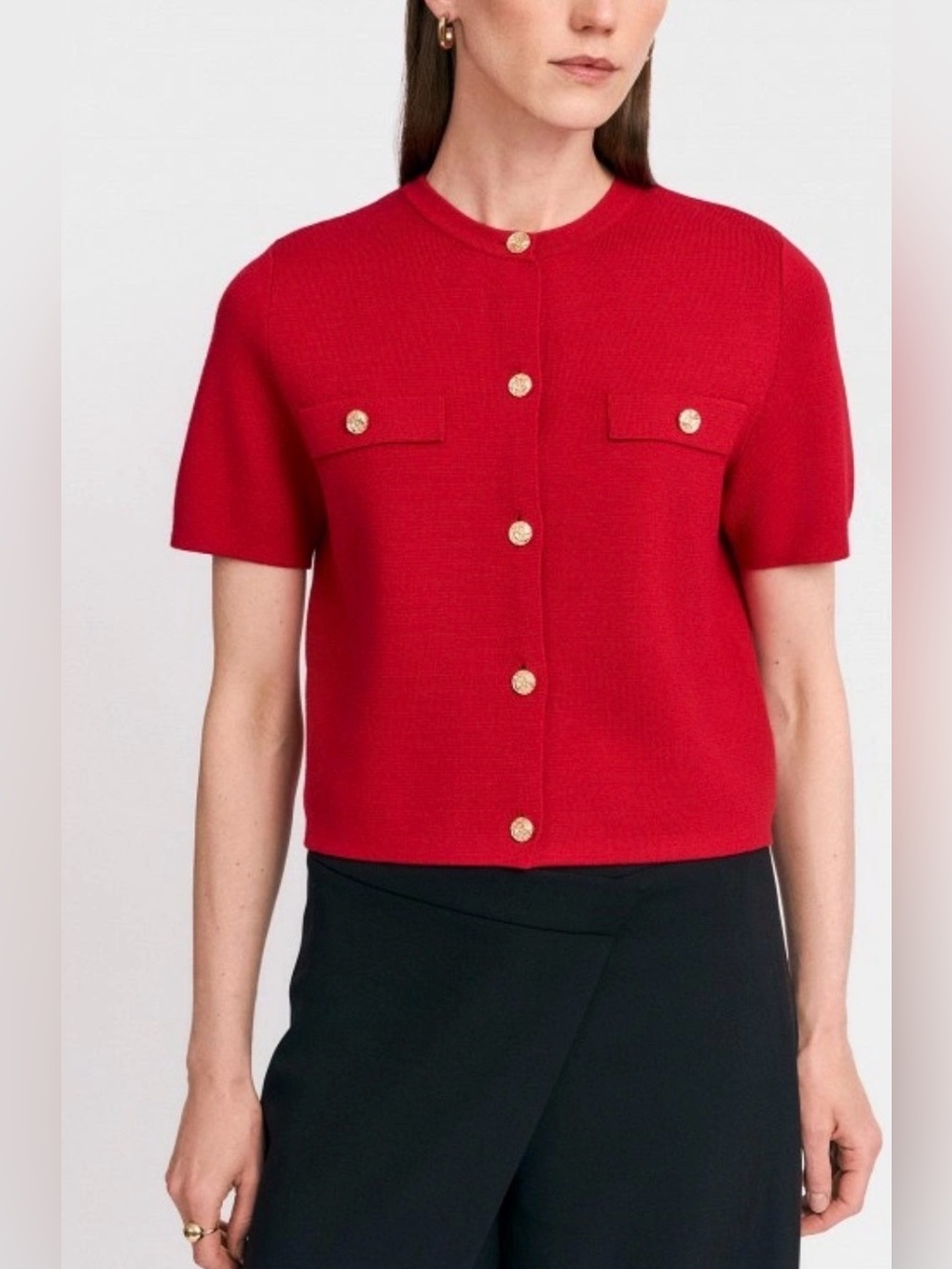 Red Short-Sleeve Knit Cardigan with Gold Buttons